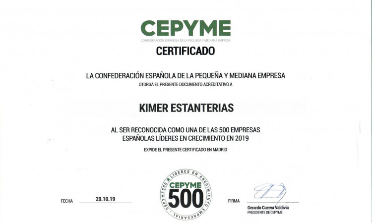 Kimer, certificada como una de las 500 empresas líderes en crecimiento.